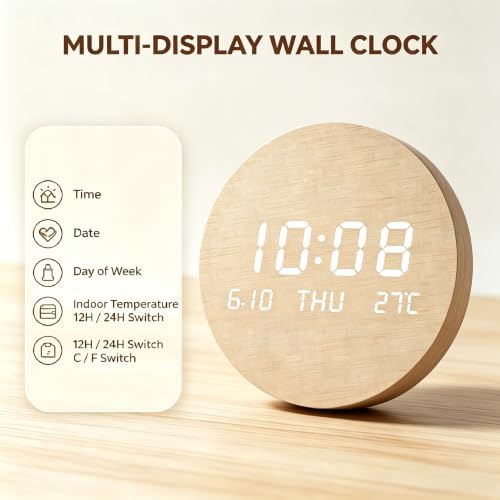 Wooden Silent Non-Ticking Wall Clock, Wood Moon Cordless Aesthetic Modern Alarm - Image 2