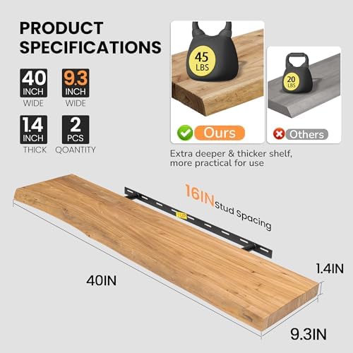 Floating Shelves for Wall, Live Edge 40"W x 9.3"D x 1.5"H Wood Floating Shelf - Image 3