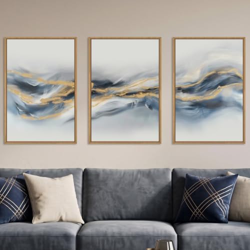Aryroi Large Abstract Navy Blue Gold Framed Canvas Wall Art Set- 24"x36"x3 by Aryroi
