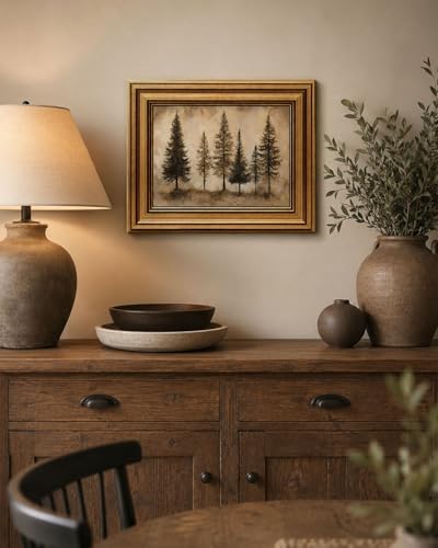 Gold Framed Wall Art, Vintage Pine Trees Canvas Prints, Rustic Nature Woodland - Image 6