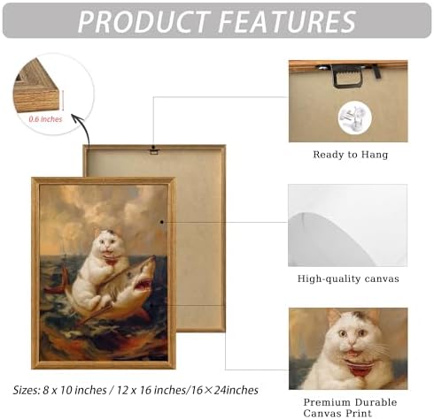ICHZUMW Framed Funny White Cat Riding Shark Ocean Canvas Wall Art 16x24 In - Image 5
