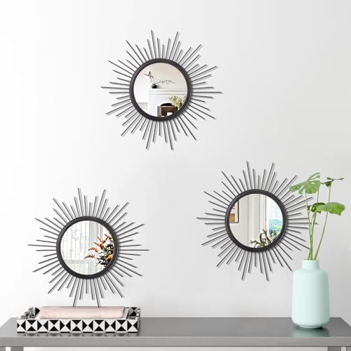 3 Pack Black Metal Wall Mirrors Sunburst Wall Mirrors Home Décor Art Decorative - Image 2