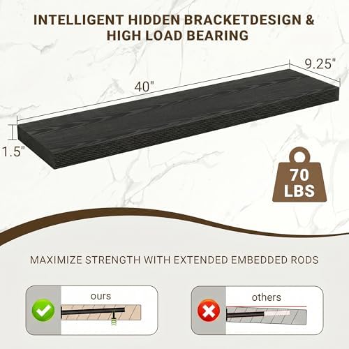 Acovy 40 Inch Floating Shelves, 3D Textured Wood Grain, Wooden Shelves - Image 3