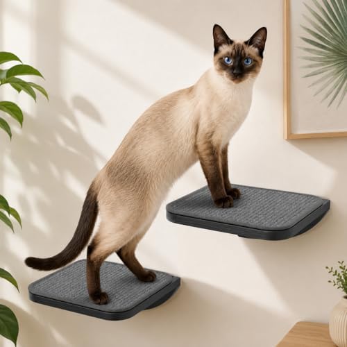 Grey Sisal-Padded Cat Wall Steps, Floating Wooden Cat Perch and Climbing Step by PELUOMOZ