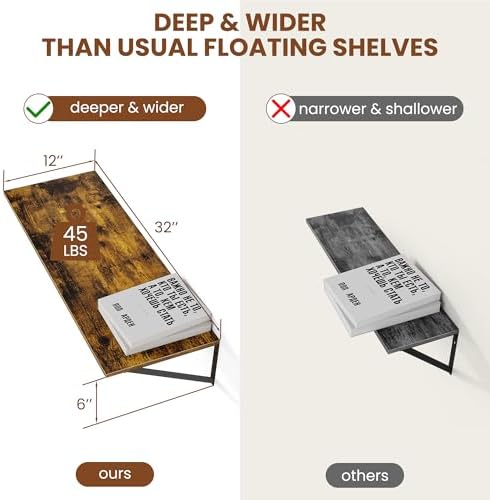 Heimlove 32W x 12D Deep Floating Shelves Set of 2 Rustic Brown - Image 3