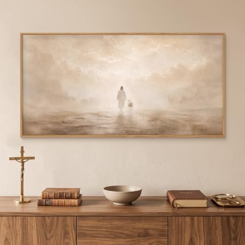 Christian Jesus and Lost Lamb Framed Canvas Wall Art-40"x20"x1 - Image 3