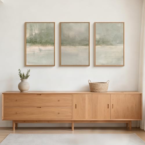 FWIEXA Grey Green Abstract Canvas Wall Art Set, Neutral Landscape Framed Prints - Image 2