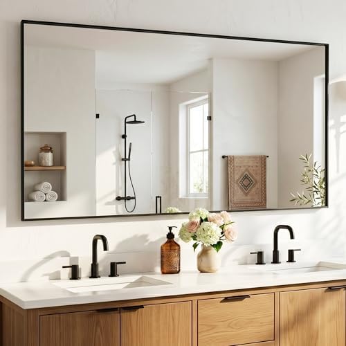 60"x30" Matte Black Wide Bathroom Wall Mirror by Pocetry