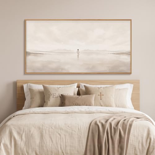 Large Abstract Jesus Christian Framed Canvas Wall Art, Neutral Beige Lake Wall - Image 5
