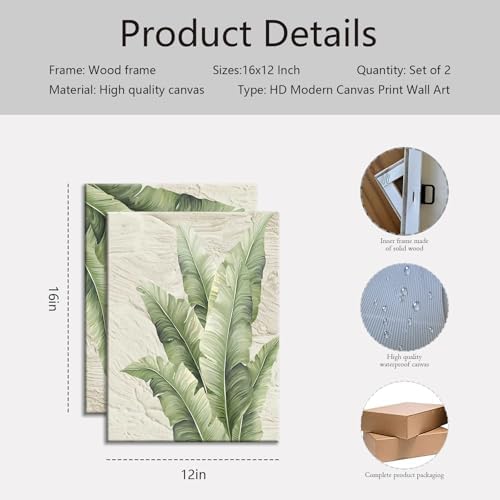 KBCXOY Tropical palm tree Wall Art Set of 2 Green Leaf Canvas Prints Minimalist - Image 4