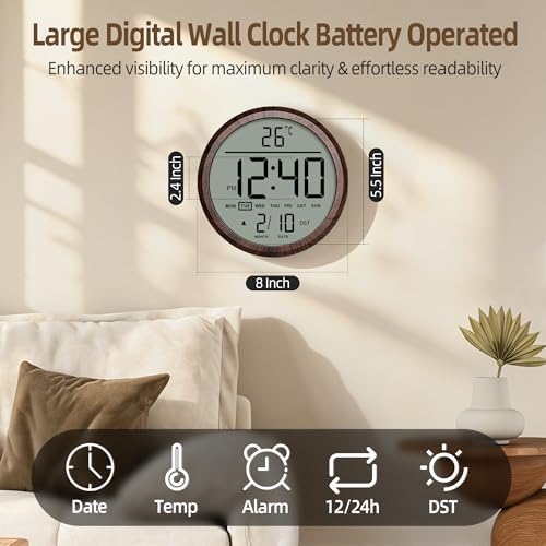 8" Round Digital Wall Clock Battery Operated - Image 2