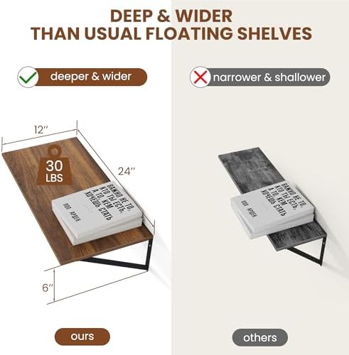 Heimlove 24W x 12D Deep Floating Shelves Set of 2 Walnut - Image 3