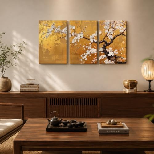 3 Pcs Japanese Golden Plum Blossom Flower Canvas Wall Art 16x24 Inches - Image 2
