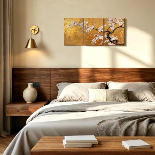 3 Pcs Japanese Golden Plum Blossom Flower Canvas Wall Art 12x16 Inches - Image 6