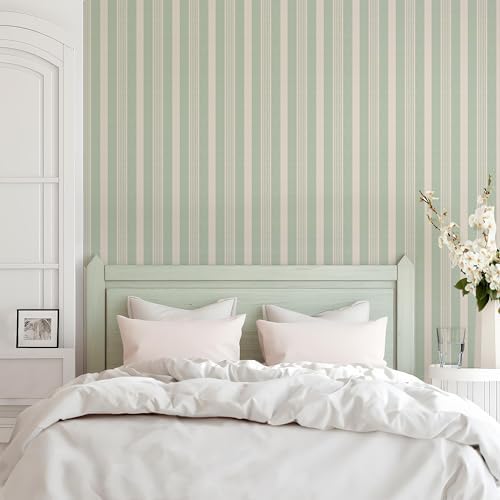 RollsRolla Modern Sage Green and White Stripe Peel and Stick Wallpaper - Image 4