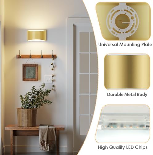 Modern LED Wall Sconces Set of 2, 3000K Gold Indoor Wall Light Fixture - Image 3