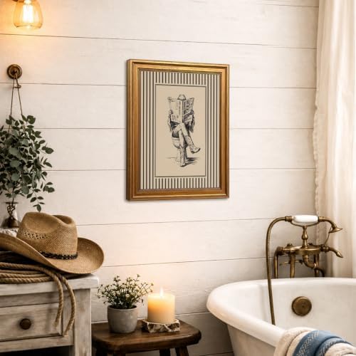 Vintage Gold Framed Western Bathroom Wall Art, Funny Cowgirl Reading Newspaper - Image 4