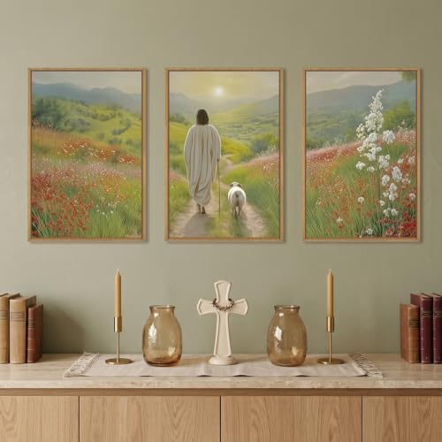 LHIUEM Large Jesus and Lamb Christian Framed Canvas Wall Art, Leaves The 99 - Image 2