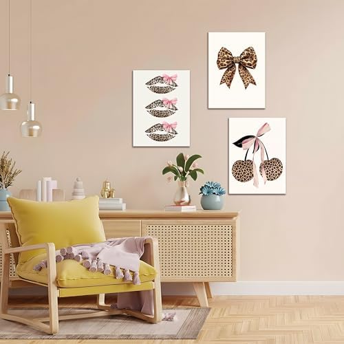 Framed Leopard Print Wall Art Set of 3, Cute Cherry Lips Bow Canvas Posters - Image 4