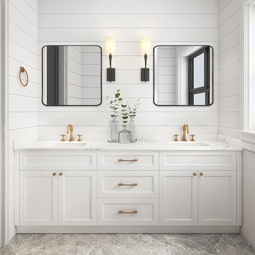 Black Bathroom Mirror 30x30in, Metal Framed Rounded Rectangle Wall - Image 3