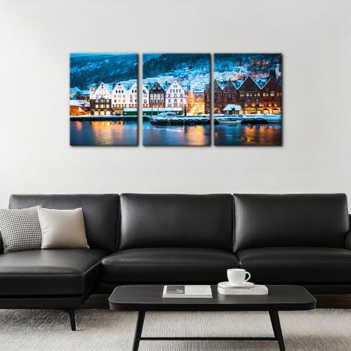 Pacimo 3 Piece Norway Cityscape Canvas Wall Art, Bruges Night View Print - Image 3