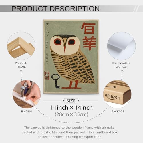 Japanese Animal Framed Poster Prints Vintage Owl Canvas Wall Art 11x14 inch - Image 2