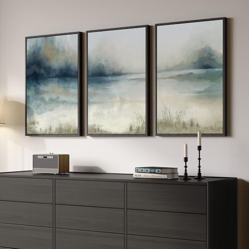 Large Framed Blue Abstract Landscape Wall Art, 3 Piece Set, Each 20x30 In - Image 2