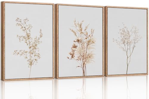 Large Boho Beige Floral Framed Canvas Wall Art Set -24"x36"x3 - Image 5
