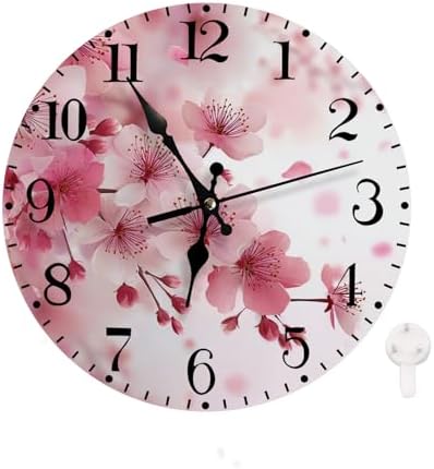 Wall Clock, Watercolor Pink Cherry Blossoms Silent Non Ticking Clock, Modern by Unknown