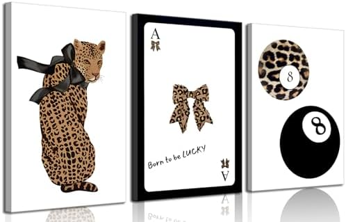Set of 3 Trendy 8 Ball Leopard Canvas Wall Art Ace Card Bow Wall Decor Pictures by QQGDecor