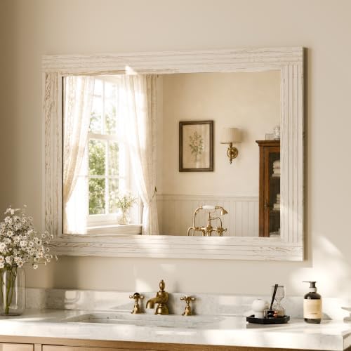 Rectangular Wall Mirror 30" x 40", Solid Wood Frame Bathroom Mirror by XRAMFY