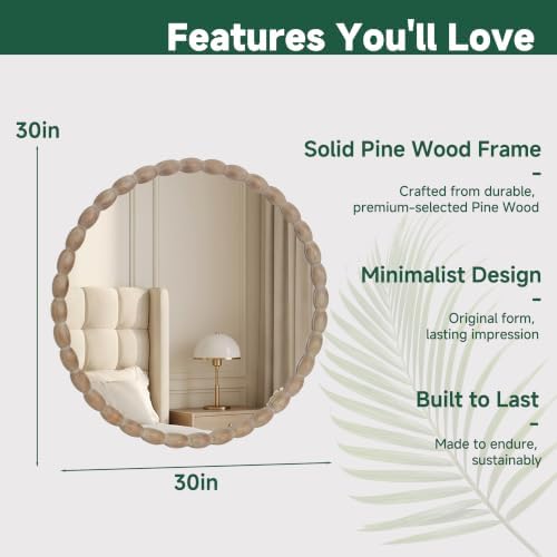 30"x30" Round Solid Wood Farmhouse Decorative Wall Mirror - Image 2