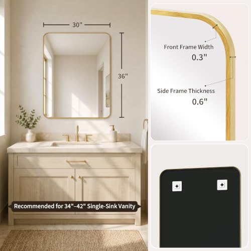 30x36 Inch Brushed Gold Rounded Rectangle Bathroom Vanity Mirror - Image 4
