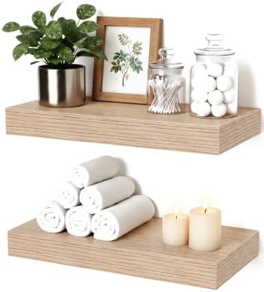 Oak Floating Shelves for Wall, 12 Inch Wooden Wall Shelf Set of 2 by Mifurn