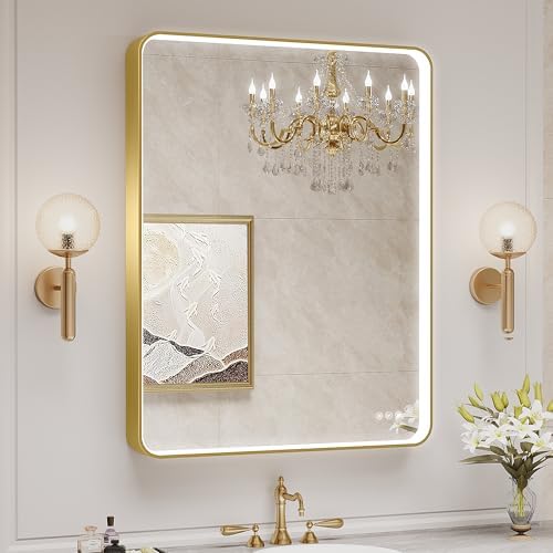 LED Mirror for Bathroom 28X36 Inch Gold Framed by Oerbasz