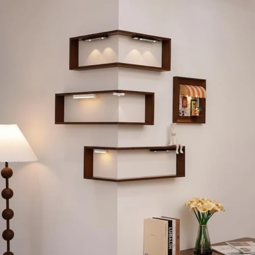 Floating Corner Shelves with LED Lights, 1-Tier Wall Mounted Wooden Corner - Image 3