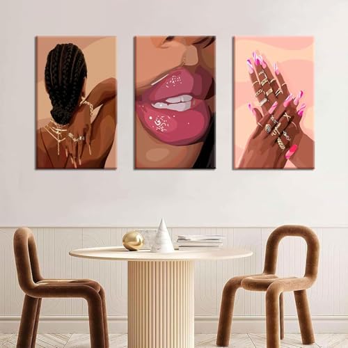 Black Girl Pink Wall Art Set of 3 African American Black Women Canvas Posters - Image 5