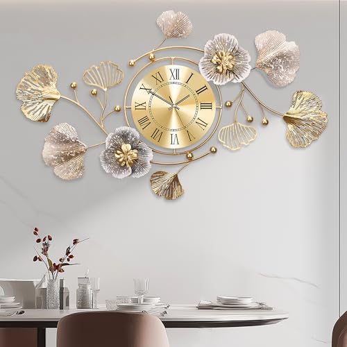33" Modern Farmhouse Large Decorative Wall Clock, Ginkgo Metal Art by JXQXYN