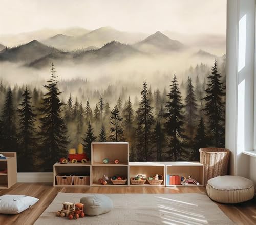Moody Vintage Foggy Pine Forest Mountain Landscape Wallpaper - Image 4