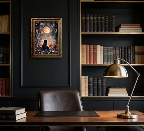 Vintage Gold Framed Black Cat Canvas Wall Art Dark Academia Gothic Full Moon - Image 4