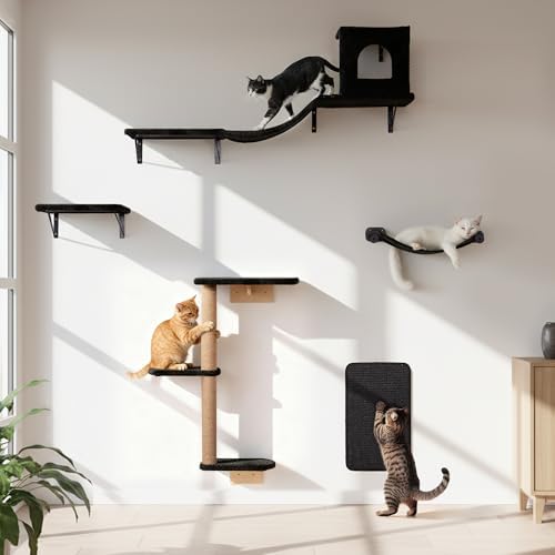 Wall Mounted Cat Furniture Combo of 5, 5 in 1 Cat Shelves by PELUOMOZ