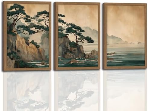 Japanese Zen Wall Art Set of 3，Minimalist Asian Wall Decor Cliff framed by Unknown