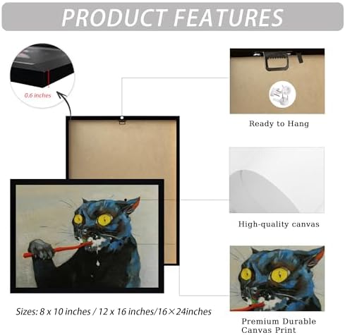 ICHZUMW Framed Funny Black Cat Bathroom Decor Canvas Wall Art, 16x24 Inches - Image 5