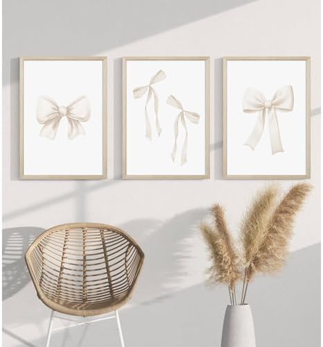 Preppy Bow Wall Art Decor Set of 3 Beige Coquette Wall Art Aesthetic Canvas - Image 4