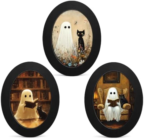 3Pcs Spooky Ghost Halloween Oval Wall Art Framed Dark Academia Decor by Unknown