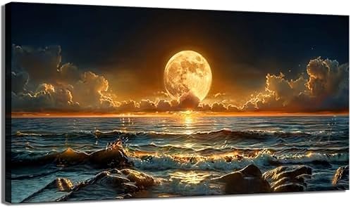 Giant Full Moon Ocean Night Canvas Wall Art Large Gilded Waves Landscape Decor by Rijkwrdwallart