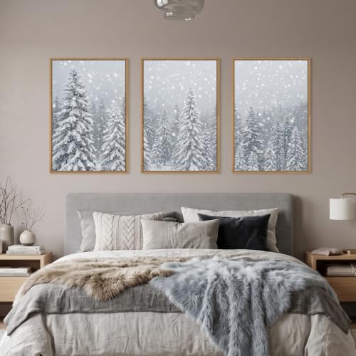 Snowy Christmas Tree Natural Woodland Framed Canvas Wall Art Set- 16"x24"x3 - Image 4