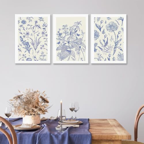 LYPHNX Framed Blue White Chinoiserie Floral Canvas Wall Art Navy Watercolor - Image 4