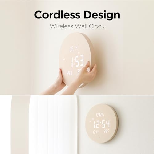 mooas Wood Moon Cordless Digital LED Wall Clock, Temperature/Humidity - Image 3
