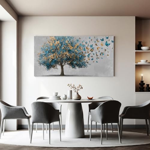 YISXINOAG Blue Gold Tree of Life Wall Art Butterfly Landscape Print 20"X40" - Image 4